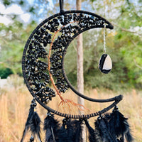 Medium Wall Hanging Crescent Moon Dream Catcher with Black Obsidian Stones & Hanging Stone Charm with Feathers Blacked Out Modern Home Decor-Earth Fairy Holistics