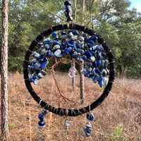 Medium Blue/Black Tree of Life Dreamcatcher with Black Heart Charm - Lapis Lazuli- Rearview Mirror Hanging or Wall Hanging - Quick Ship!-Earth Fairy Holistics