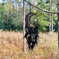 Medium Wall Hanging Crescent Moon Dream Catcher with Black Obsidian Stones & Hanging Stone Charm with Feathers Blacked Out Modern Home Decor-Earth Fairy Holistics