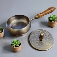 Bronze Finish Metal Charcoal Burner with Lid & Wooden Handle (9 in)-Earth Fairy Holistics