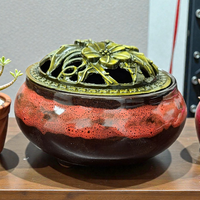 Lava Colored Ceramic Incense Burner Bowl with Floral Lid-Earth Fairy Holistics