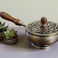 Bronze Finish Metal Charcoal Burner with Lid & Wooden Handle (9 in)-Earth Fairy Holistics