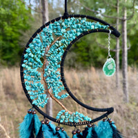 Medium Wall Hanging Crescent Moon Dream Catcher with Turquoise Stones & Hanging Stone Charm with Turquoise Black Feathers Modern Home Decor-Earth Fairy Holistics