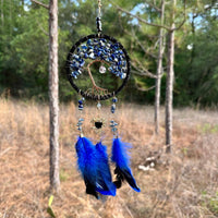 Medium Blue/Black Tree of Life Dreamcatcher with Black Heart Charm - Lapis Lazuli- Rearview Mirror Hanging or Wall Hanging - Quick Ship!-Earth Fairy Holistics