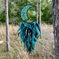 Medium Wall Hanging Crescent Moon Dream Catcher with Turquoise Stones & Hanging Stone Charm with Turquoise Black Feathers Modern Home Decor-Earth Fairy Holistics