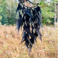 Medium Wall Hanging Crescent Moon Dream Catcher with Black Obsidian Stones & Hanging Stone Charm with Feathers Blacked Out Modern Home Decor-Earth Fairy Holistics