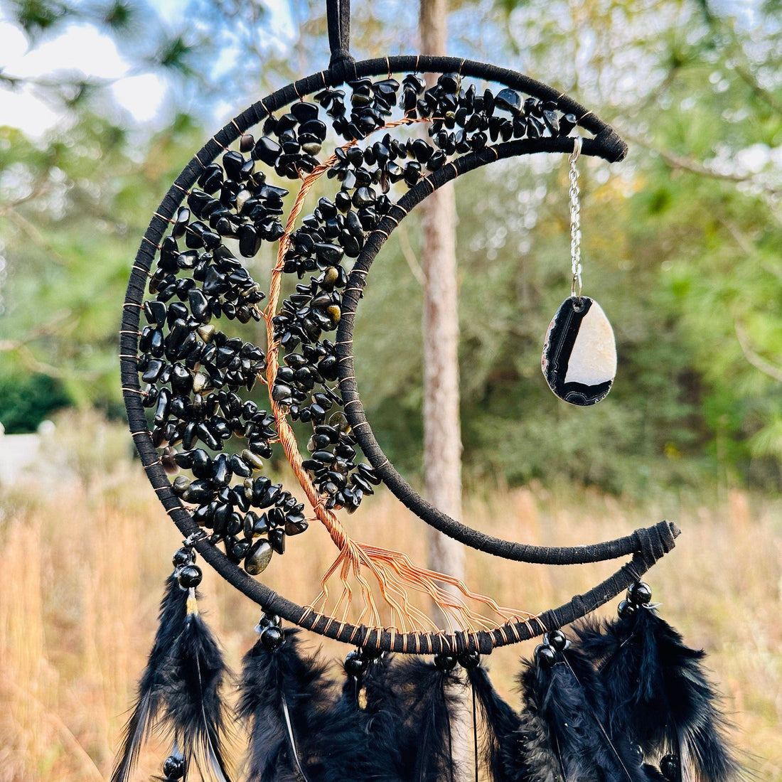 Medium Wall Hanging Crescent Moon Dream Catcher with Black Obsidian Stones & Hanging Stone Charm with Feathers Blacked Out Modern Home Decor-Earth Fairy Holistics