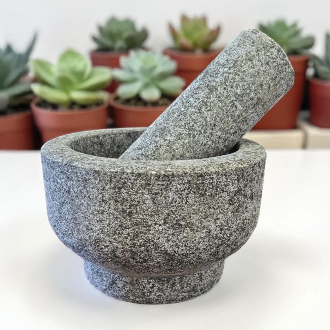 Black & Grey Granite Stone Mortar & Pestle – 5.5" W x 3.5" H