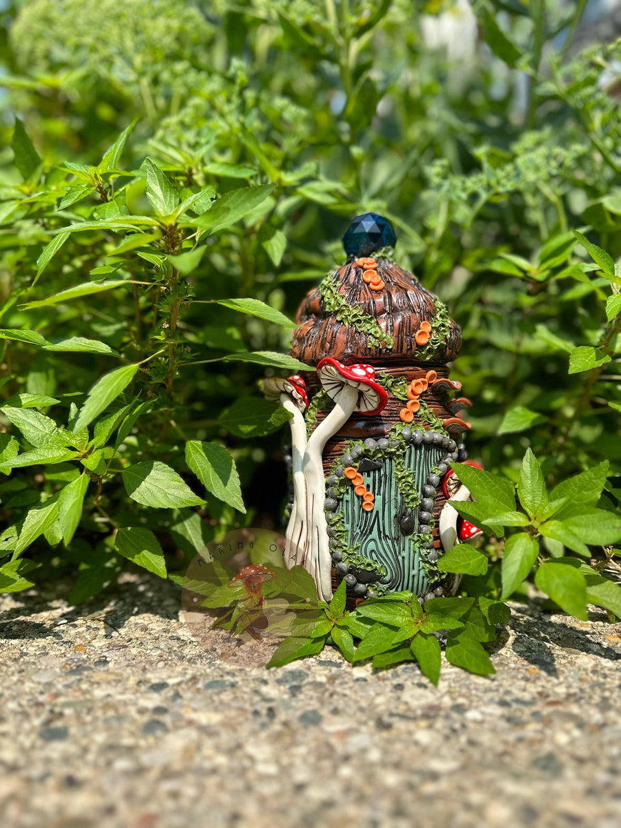 Jar | Blue Suncatcher + Red Mushrooms Fairy House-Earth Fairy Holistics