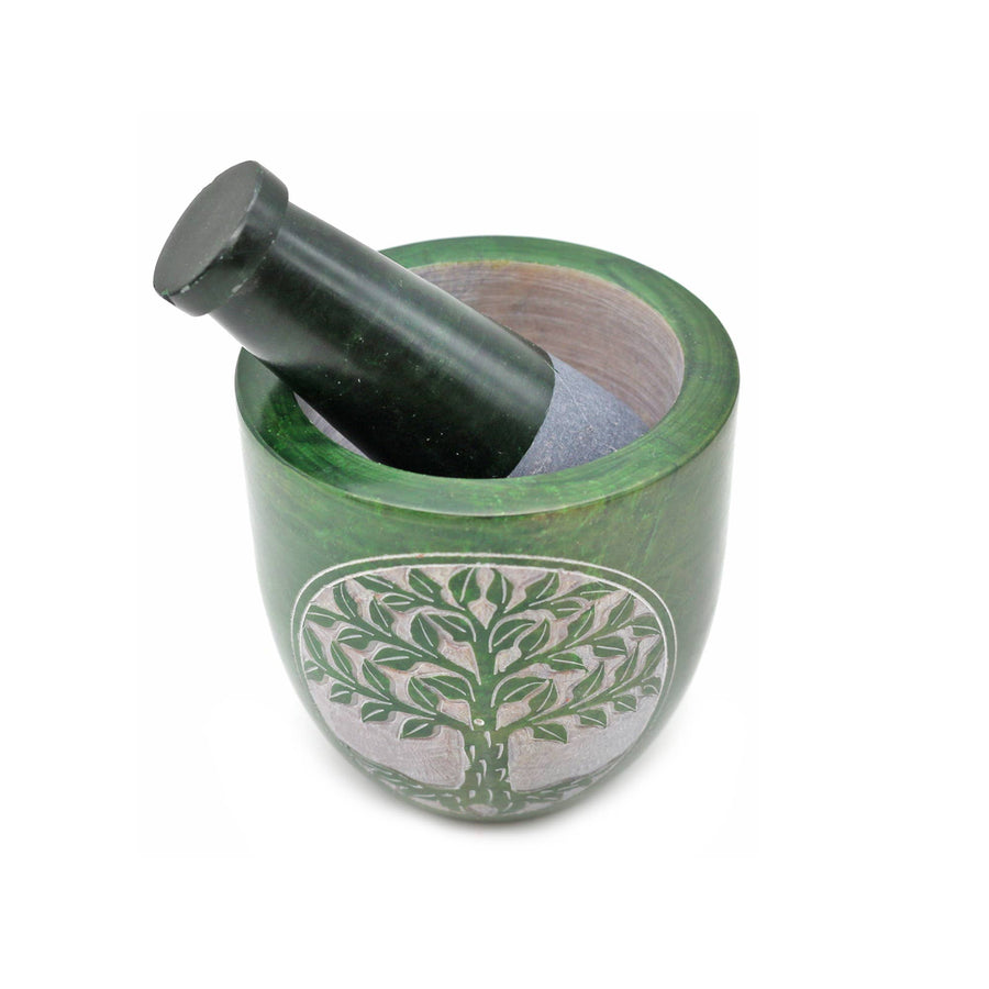Soapstone Mortar & Pestle - Green Tree of Life (Tall)-Earth Fairy Holistics