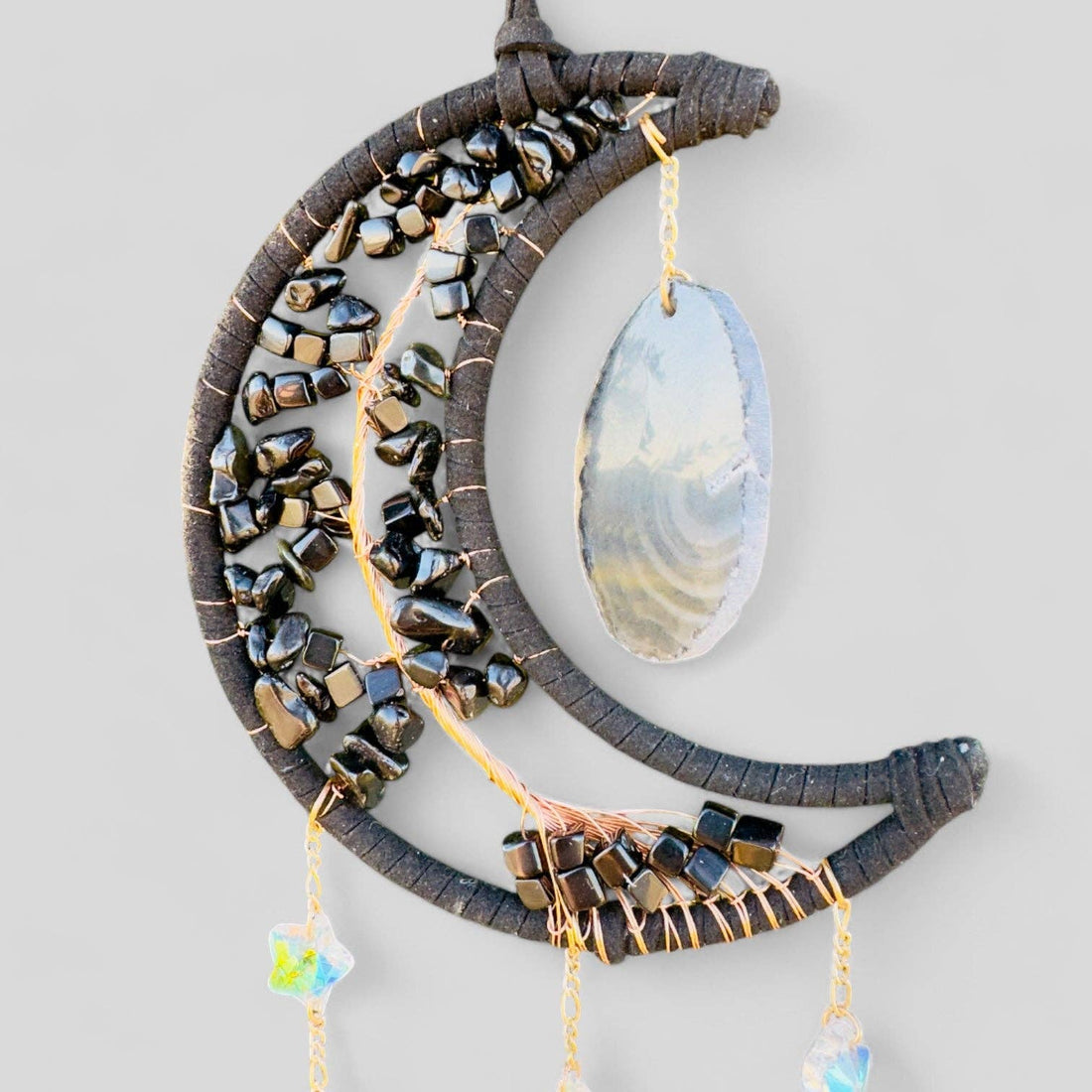 Black Crescent Moon Dreamcatcher Suncatcher Black Obsidian with Hanging Sliced Agate & Hanging Jewel Charms - Window Hanging or Wall Hanging-Earth Fairy Holistics