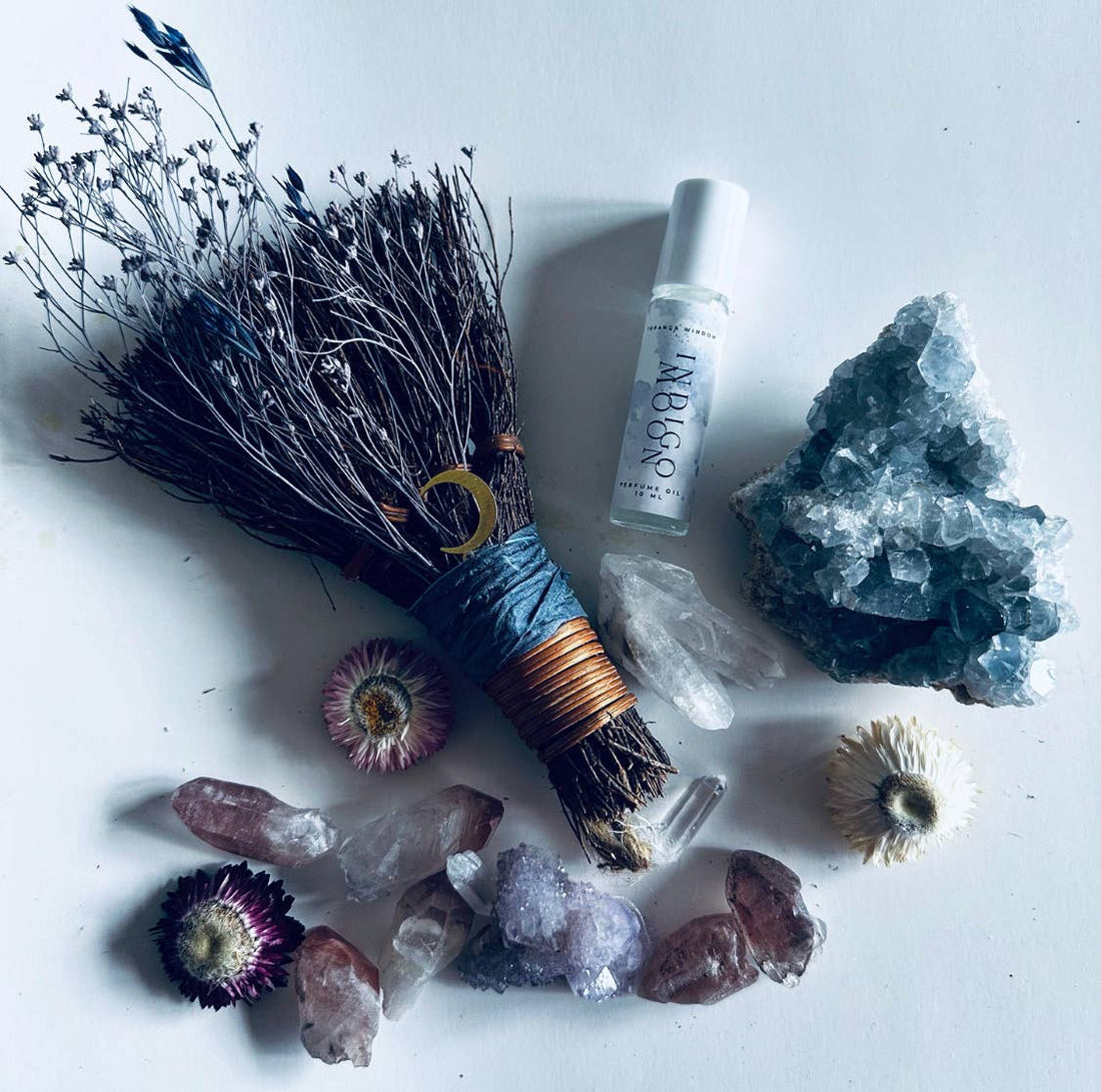 MOON BESOM BROOM + CLEAR QUARTZ CRYSTAL + UNSCENTED-Earth Fairy Holistics