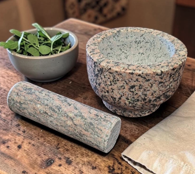 Natural Pink & Black Granite Stone Mortar & Pestle – 5.5" W x 3.5" H