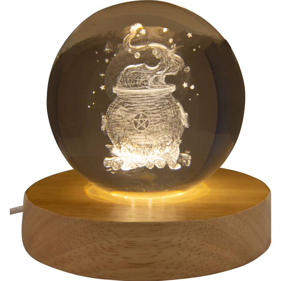 Glass Crystal Ball - 3D Laser Engraved w/Wood LED Light-Earth Fairy Holistics
