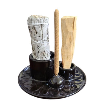 Black Ceramic Burner (Smudge Stick, Palo Santo Wood & Incense Burner)-Earth Fairy Holistics
