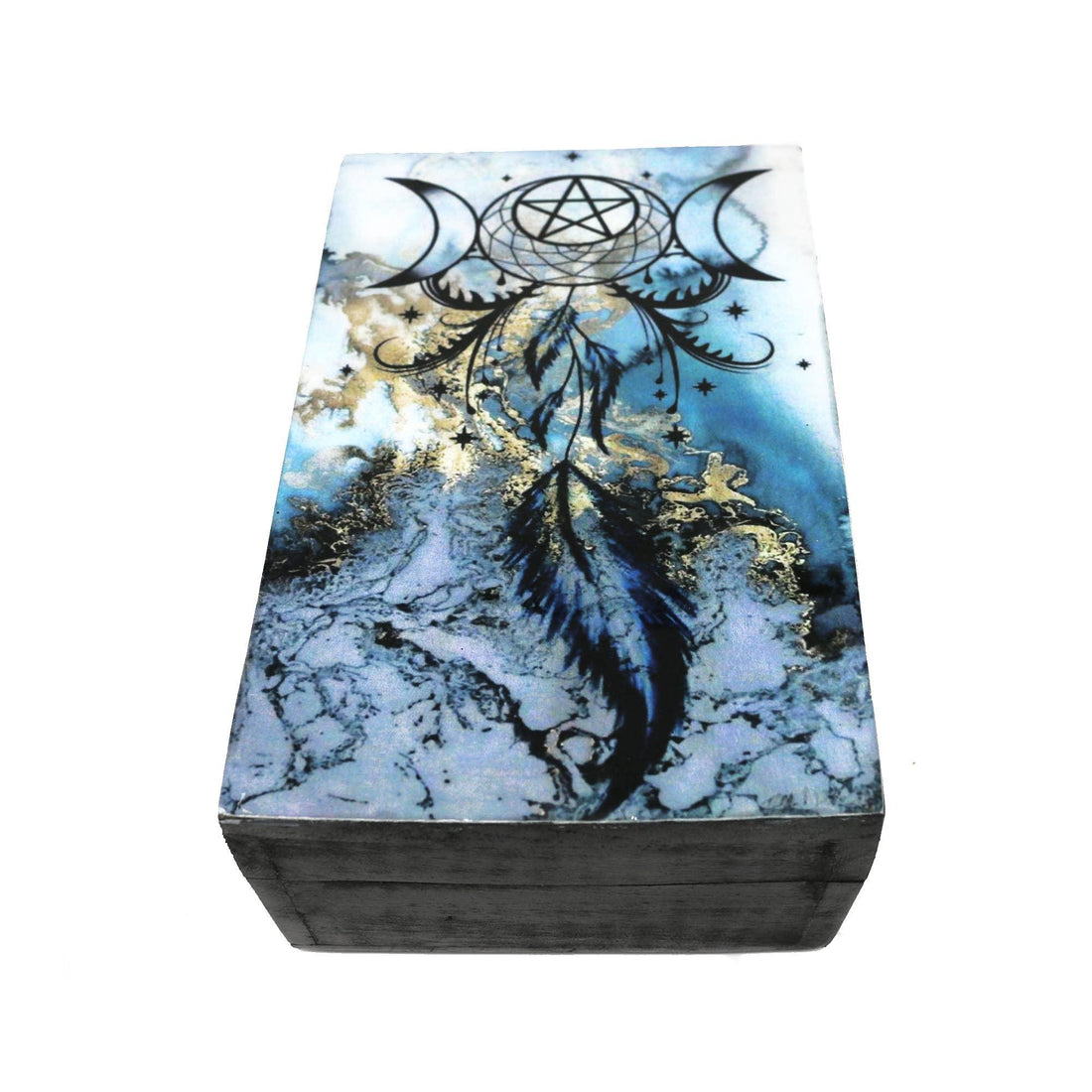 Wooden Storage Box (6 x 4 in.) - Blue Dream Catcher (Black)-Earth Fairy Holistics