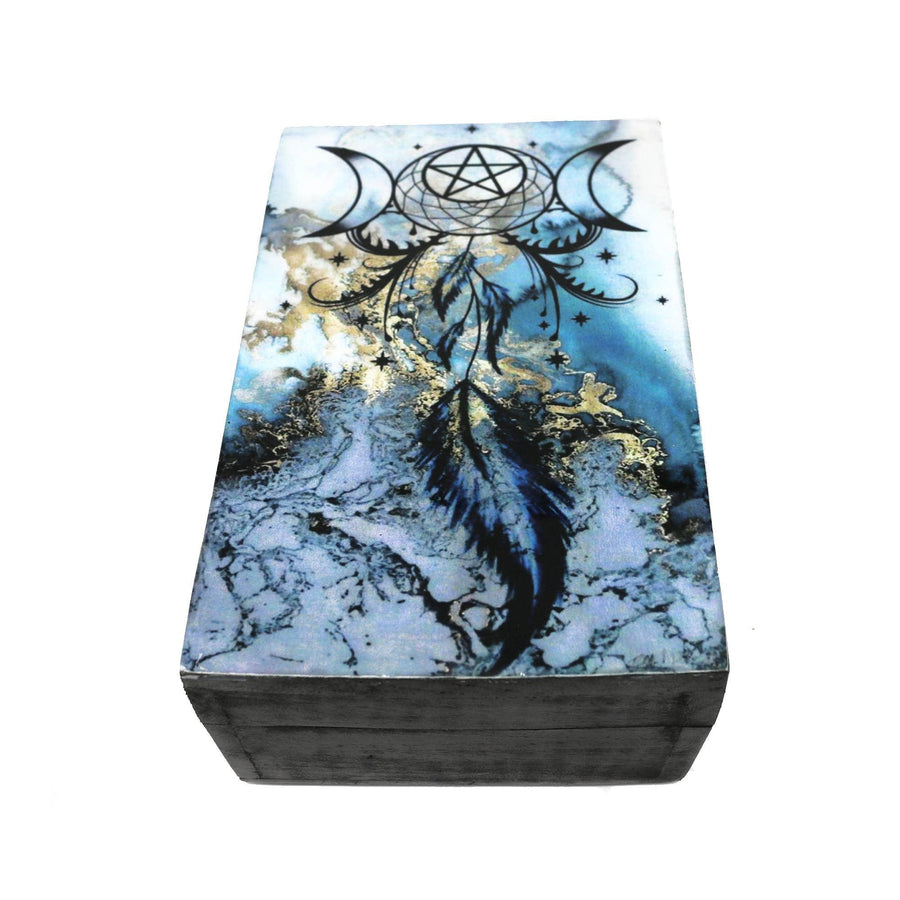 Wooden Storage Box (6 x 4 in.) - Blue Dream Catcher (Black)-Earth Fairy Holistics
