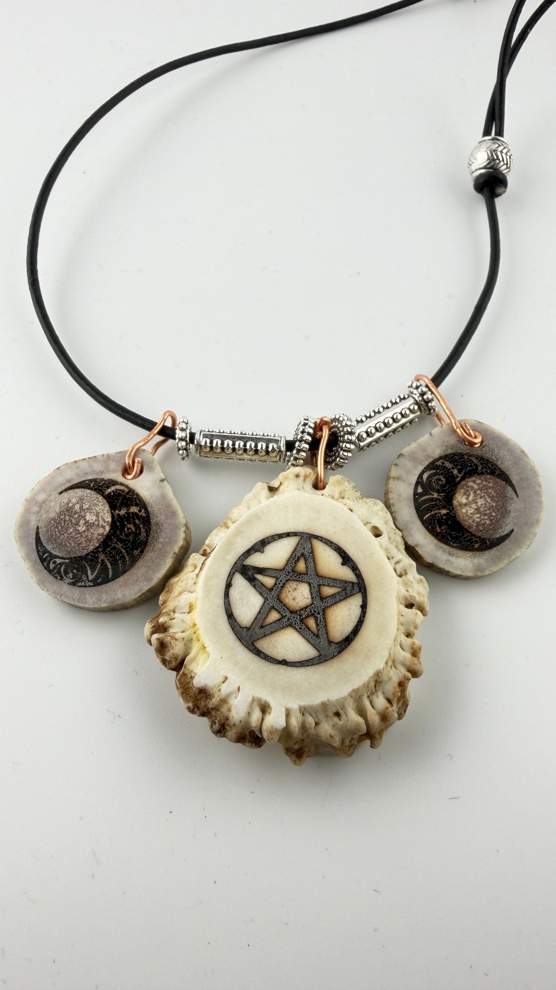 Triple Moon Pentacle Deer Antler Bone Carved Pentacle Necklace