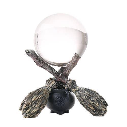 Crystal Ball on Witchcraft Cauldron Broom Stand-Earth Fairy Holistics