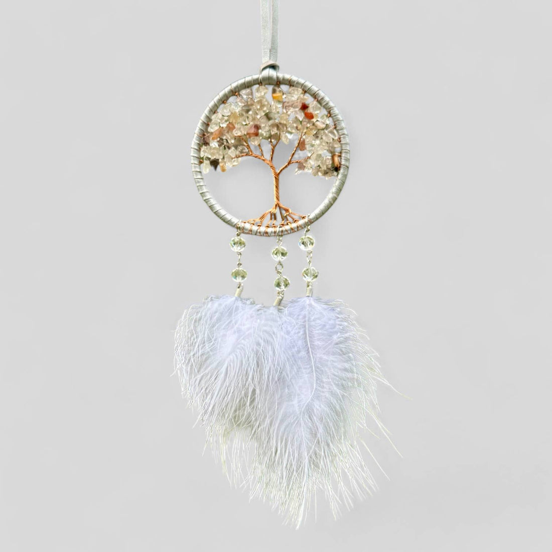 Handmade White Tree of Life Dreamcatcher with White Feathers - Rearview Mirror Hanging or Wall Hanging - Quick Ship!-Earth Fairy Holistics