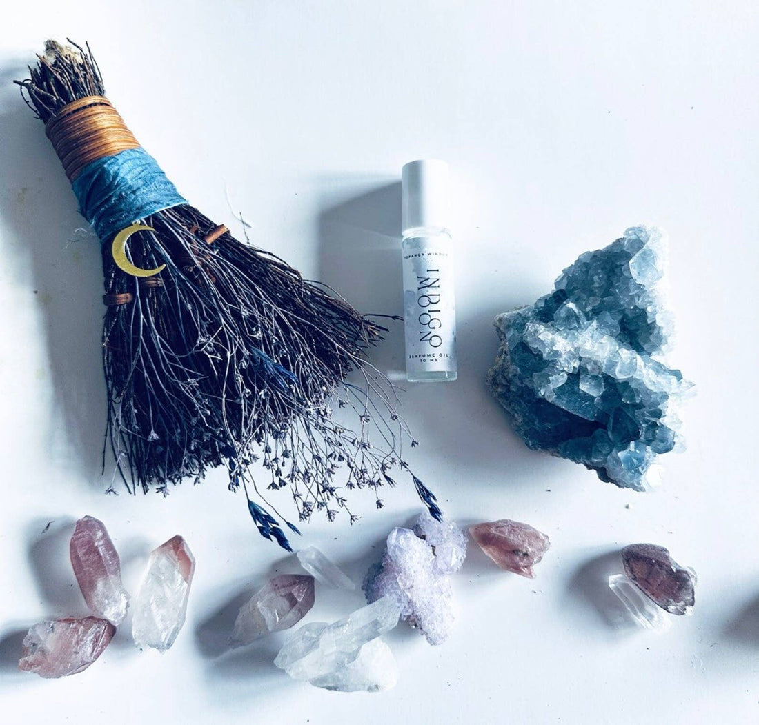 MOON BESOM BROOM + CLEAR QUARTZ CRYSTAL + UNSCENTED-Earth Fairy Holistics