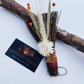 Decorated Cinnamon Broom with Dried Autumn Harvest Florals-Earth Fairy Holistics