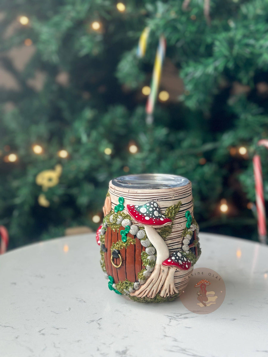 Hobbit Hole Red Ombré Mushrooms White Wood Tumbler-Earth Fairy Holistics