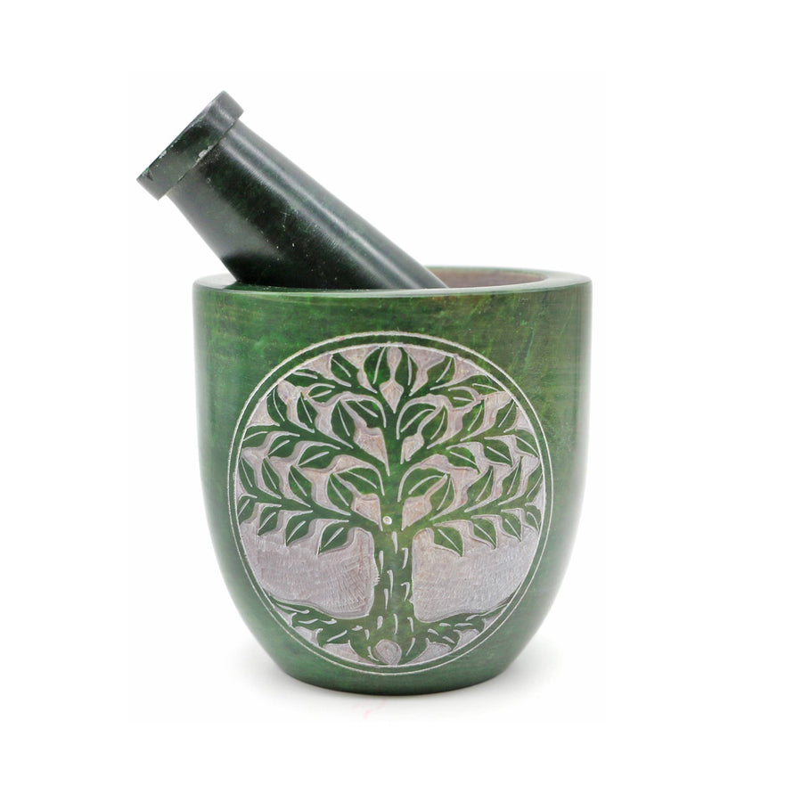 Soapstone Mortar & Pestle - Green Tree of Life (Tall)-Earth Fairy Holistics