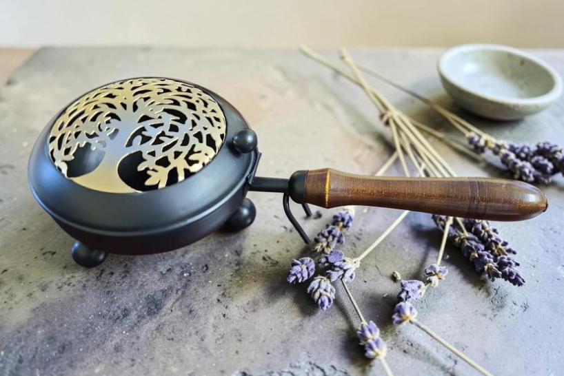 Tree of Life Metal Charcoal Burner with Wooden Handle - 11"-Earth Fairy Holistics