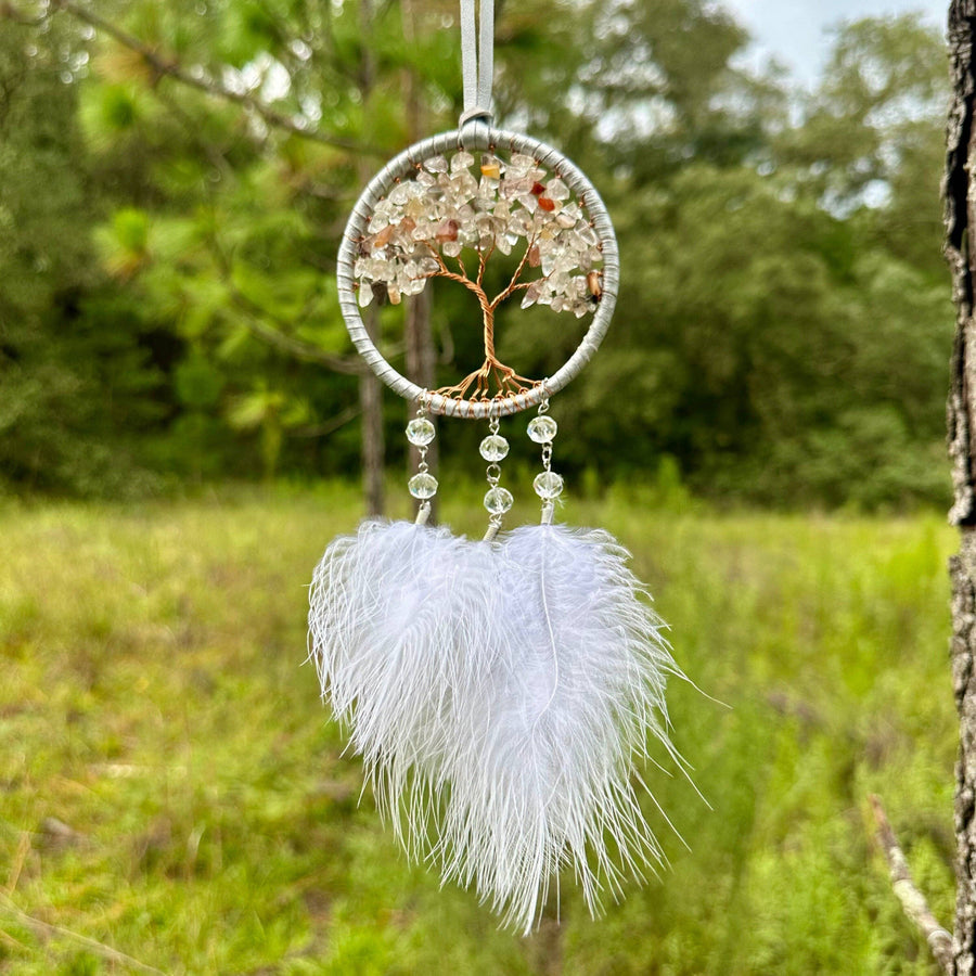 Handmade White Tree of Life Dreamcatcher with White Feathers - Rearview Mirror Hanging or Wall Hanging - Quick Ship!-Earth Fairy Holistics