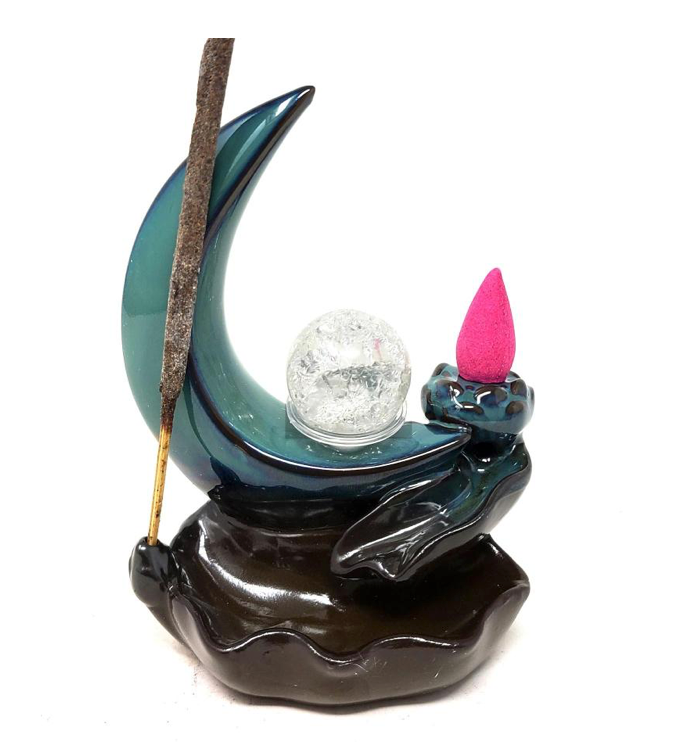 Crescent Moon Crystal Ball Waterfall Backflow Cone Incense Burner 4"W x 5.5"H-Earth Fairy Holistics