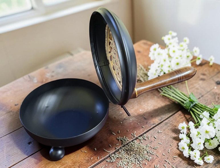 Tree of Life Metal Charcoal Burner with Wooden Handle - 11"-Earth Fairy Holistics