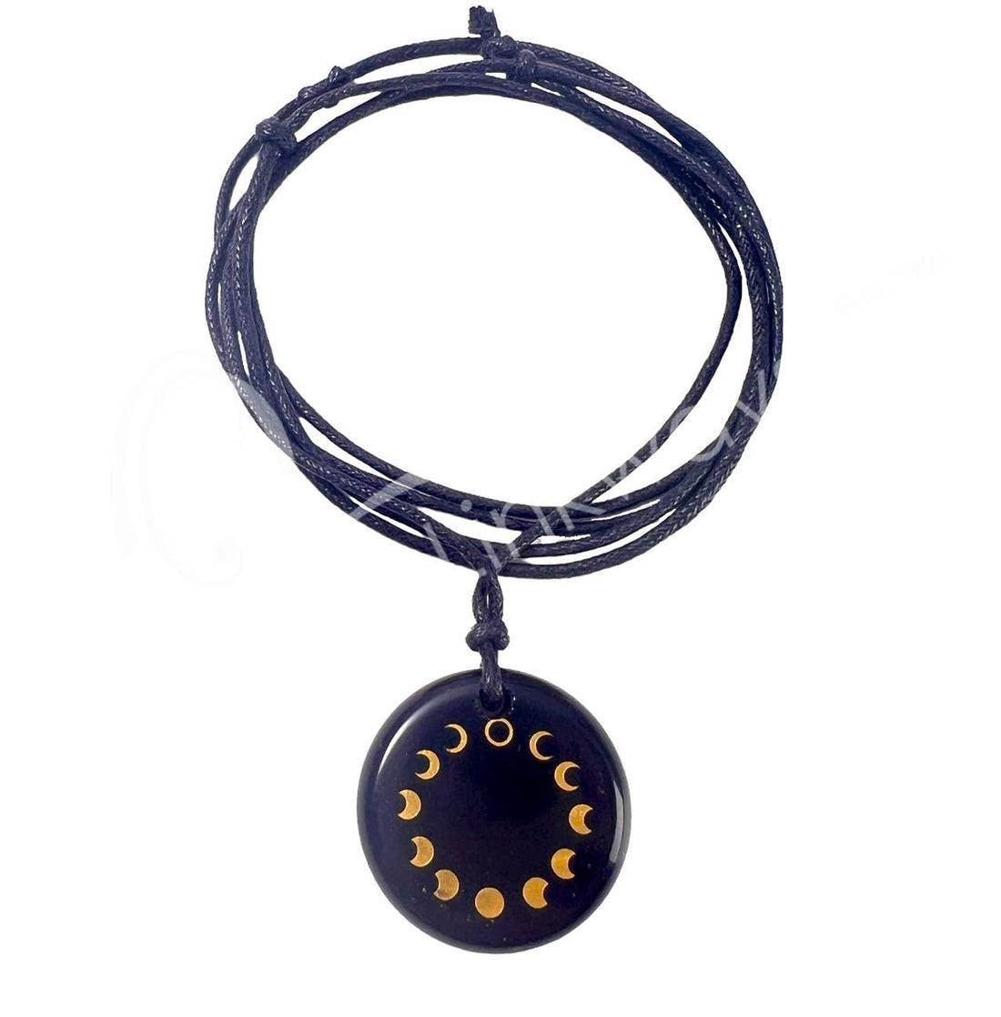 (PC)NECKLACE - MOON PHASES OBSIDIAN, BLACK ROUND ENGRAVED 9-Earth Fairy Holistics
