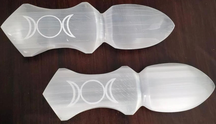 Selenite Altar Athame 8" - Triple Moon Carved-Earth Fairy Holistics