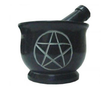 Pentacle Carved Mortar & Pestle Black Stone 4"W 3"H