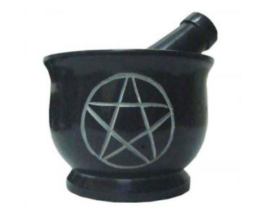 Pentacle Carved Mortar & Pestle Black Stone 4"W 3"H