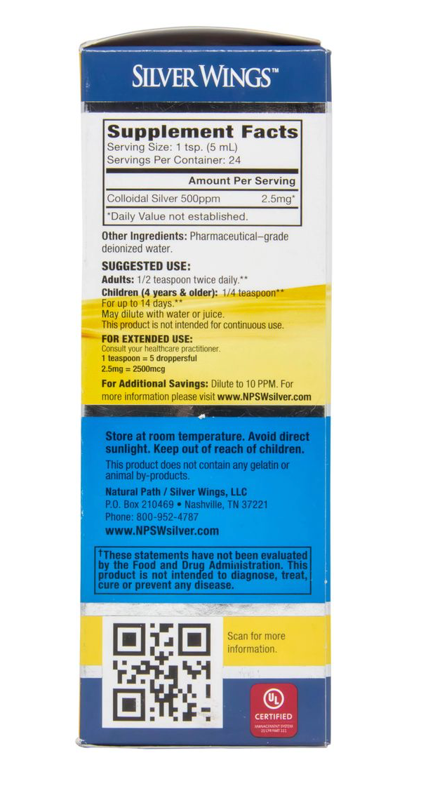 Silver Wings Colloidal Silver, 500 PPM - 4 fl oz
