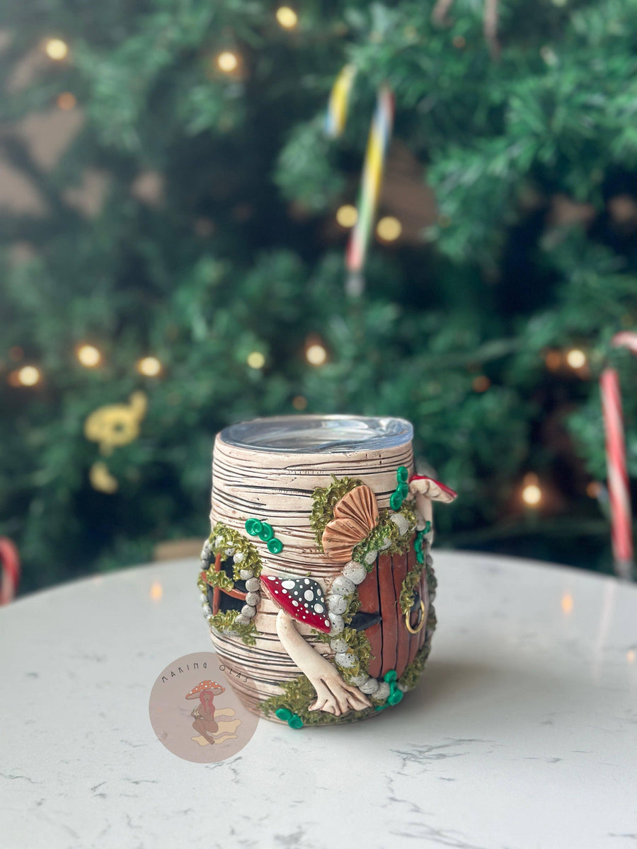 Hobbit Hole Red Ombré Mushrooms White Wood Tumbler-Earth Fairy Holistics