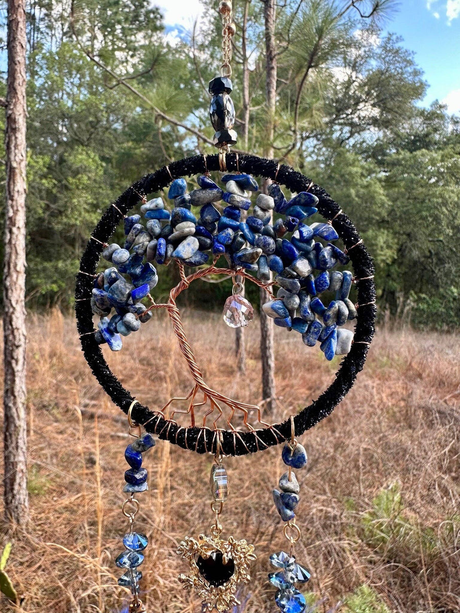 Medium Blue/Black Tree of Life Dreamcatcher with Black Heart Charm - Lapis Lazuli- Rearview Mirror Hanging or Wall Hanging - Quick Ship!-Earth Fairy Holistics