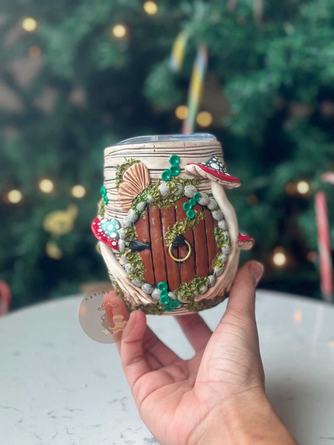 Hobbit Hole Red Ombré Mushrooms White Wood Tumbler-Earth Fairy Holistics