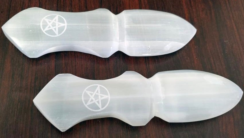 Selenite Altar Athame 8" - Pentagram Carved