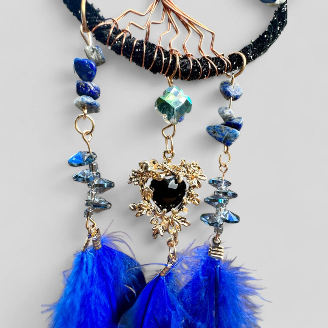 Medium Blue/Black Tree of Life Dreamcatcher with Black Heart Charm - Lapis Lazuli- Rearview Mirror Hanging or Wall Hanging - Quick Ship!-Earth Fairy Holistics