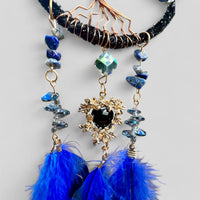 Medium Blue/Black Tree of Life Dreamcatcher with Black Heart Charm - Lapis Lazuli- Rearview Mirror Hanging or Wall Hanging - Quick Ship!-Earth Fairy Holistics