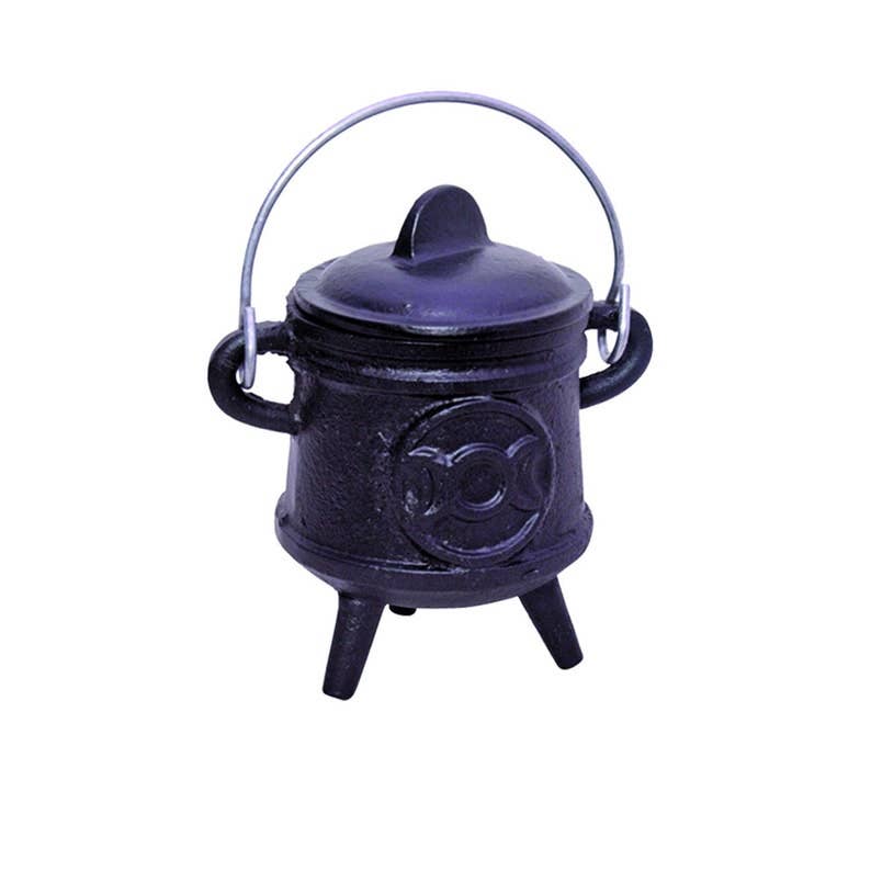 Tall Triple Moon Cast Iron Cauldron w/ Lid + Handle-Earth Fairy Holistics