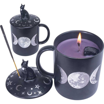 3 in 1 Ceramic Mug Candle & Incense - Moon Phases Design-Earth Fairy Holistics