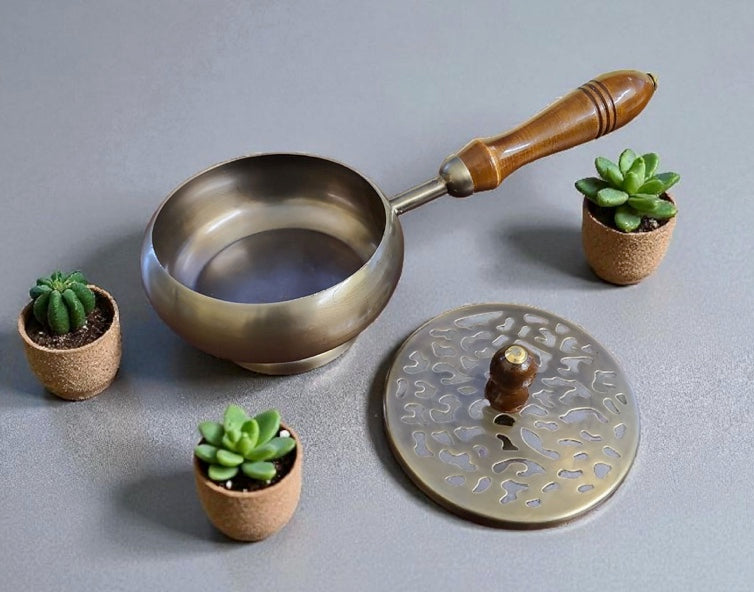 Bronze Finish Metal Charcoal Burner with Lid & Wooden Handle (9 in)-Earth Fairy Holistics
