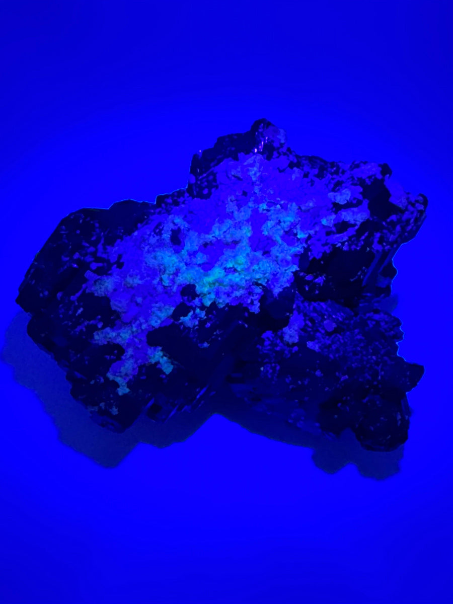 Black Tourmaline Cluster Specimen w/Fluorescent Hyalite Opal - AA Grade-Earth Fairy Holistics