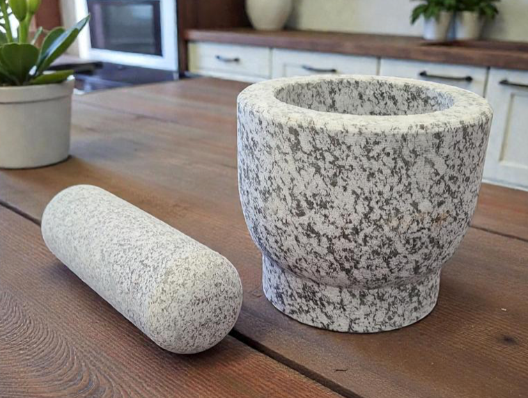 Grey Granite Stone Mortar & Pestle – 4.5" W x 4" H