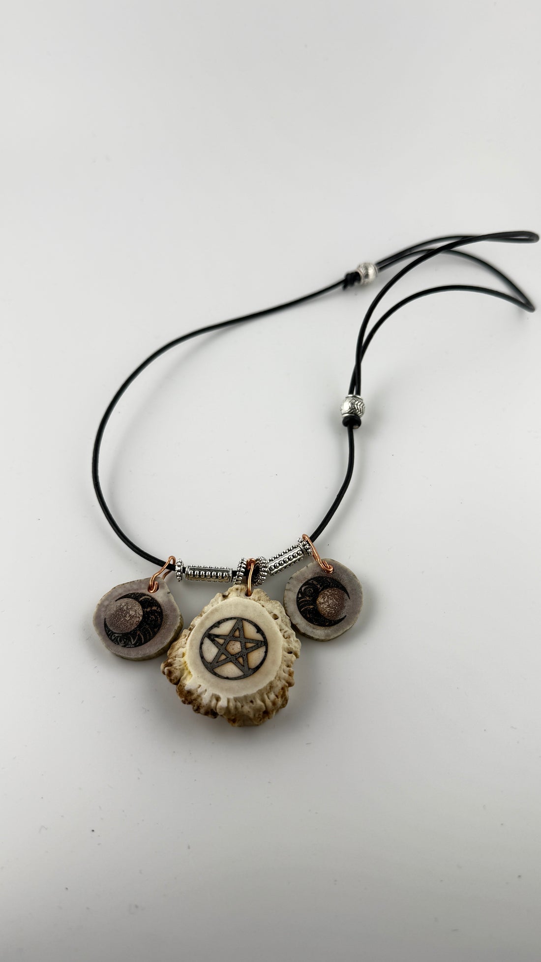 Triple Moon Pentacle Deer Antler Bone Carved Pentacle Necklace