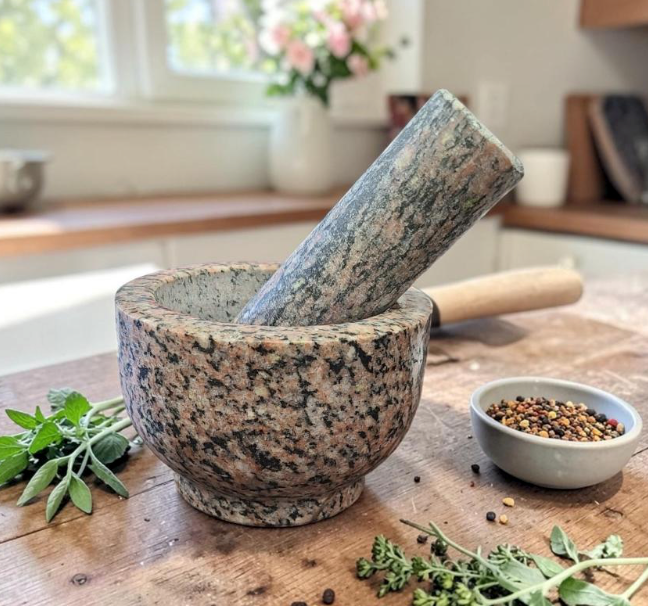 Natural Pink & Black Granite Stone Mortar & Pestle – 5.5" W x 3.5" H